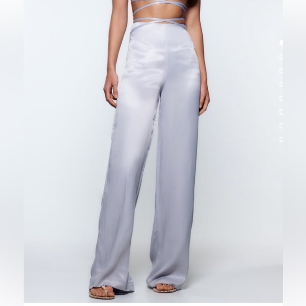 NWT- ZARA- silver satin effect wide leg pants XS
